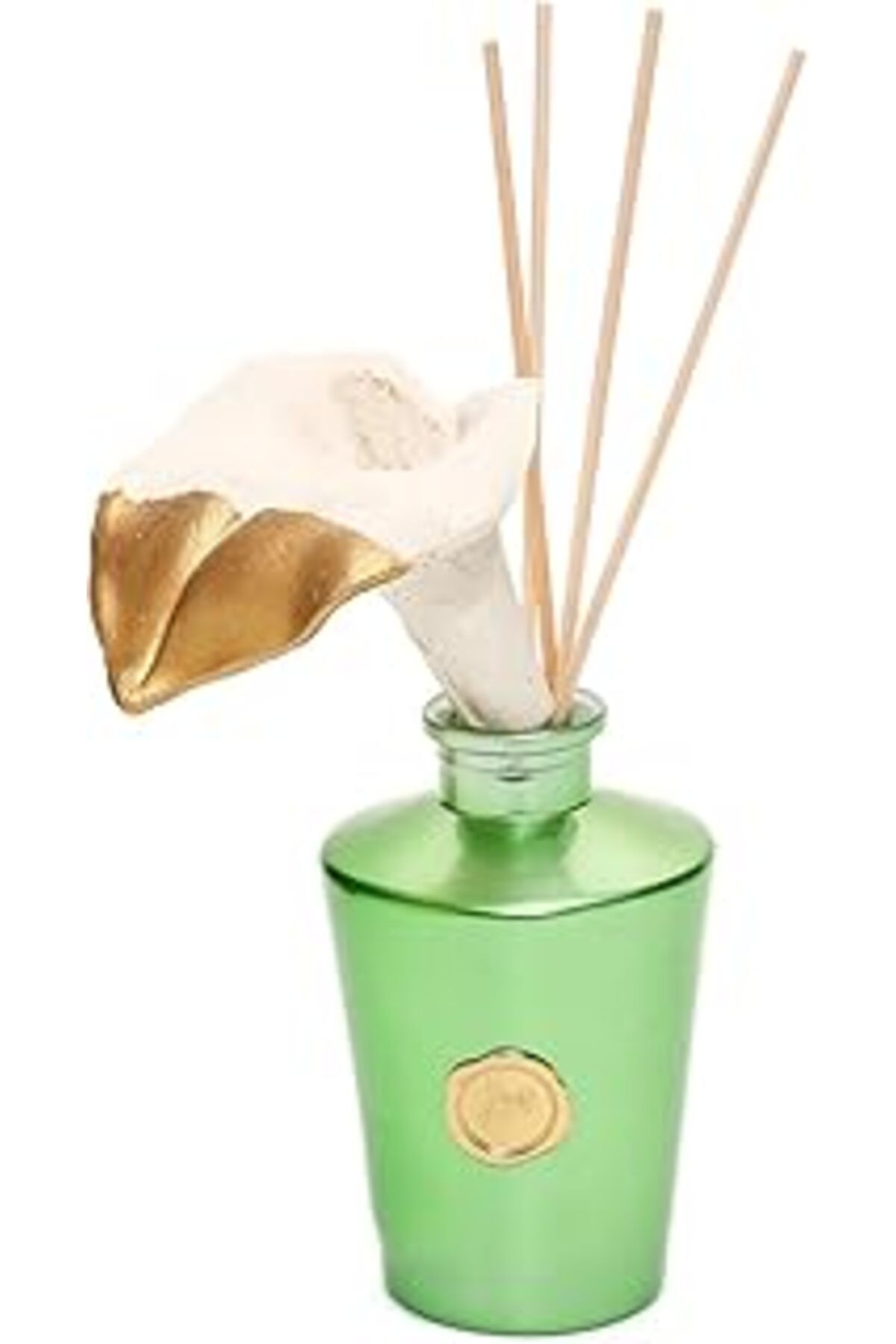 Mu Art Ahşap Yılbaşı 130 ml Yeşil Golden Glow Gala Çiçek Taş Çubuklu Oud Vanilya Oda Kokusu