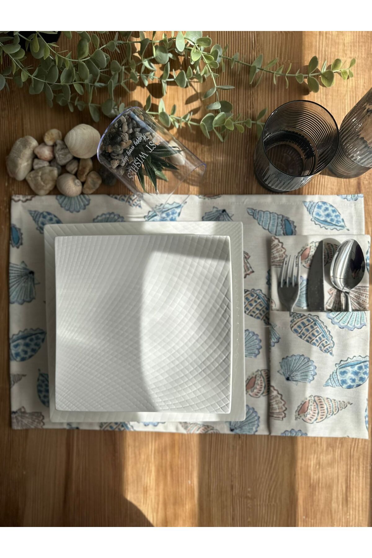 TUA HOME Deniz Kabuğu Amerikan Servis -6'lı Set – %100 Pamuk Duck Kumaş, Cepli, 35x45 cm Deniz Temalı