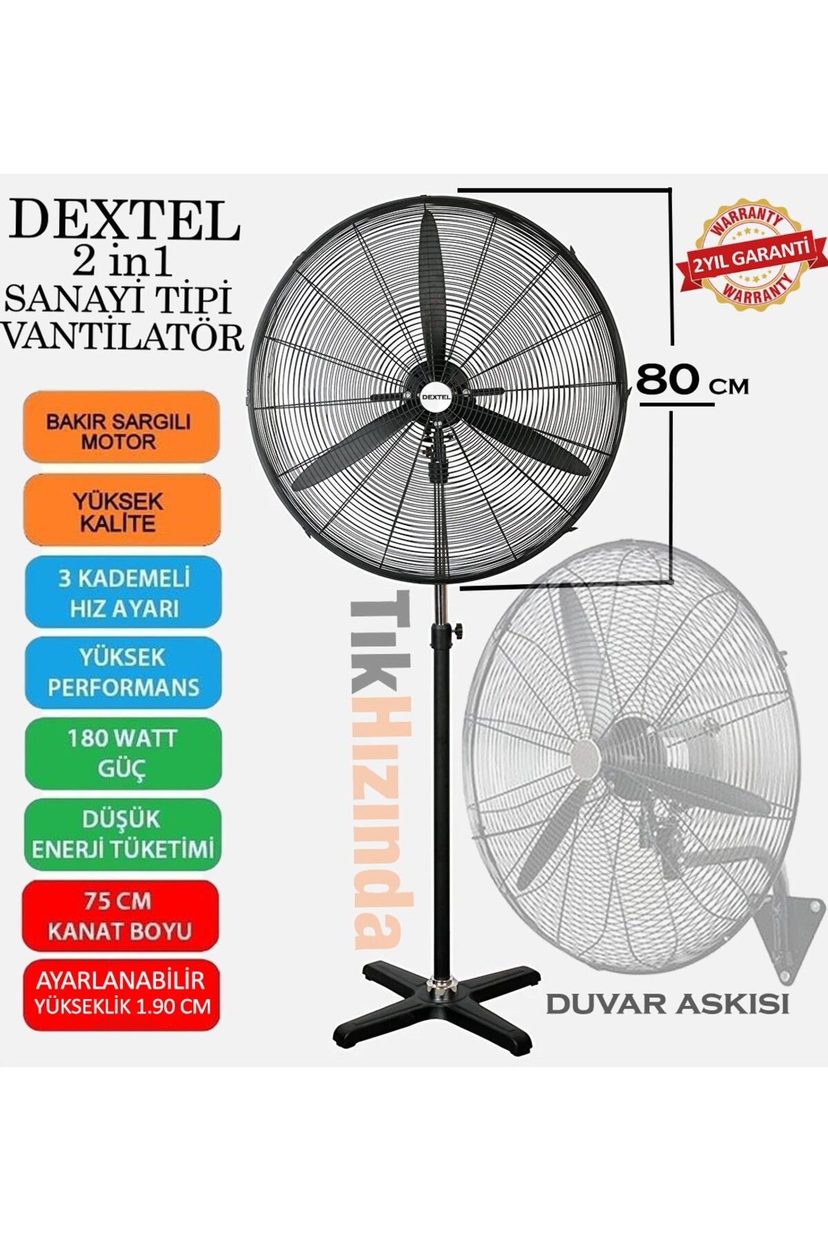 TıkHızında DEXTEL Endüstriyel Sanayi Tipi Mega Vantilatör 80cm Pervane %100 Bakır Sargılı Motor