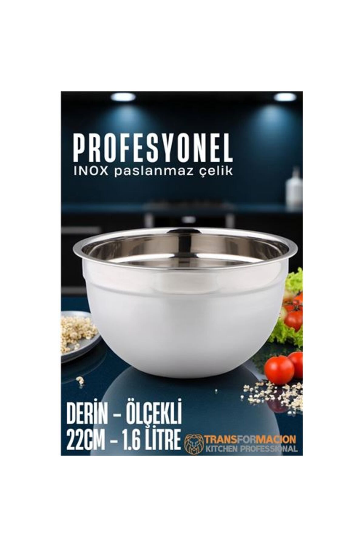 Toptan Bulurum Inox Ölçekli Derin Kase - 22 Cm 1.6 Litre Karıştırma Kabı Profesyonel 304 Paslanmaz Çelik