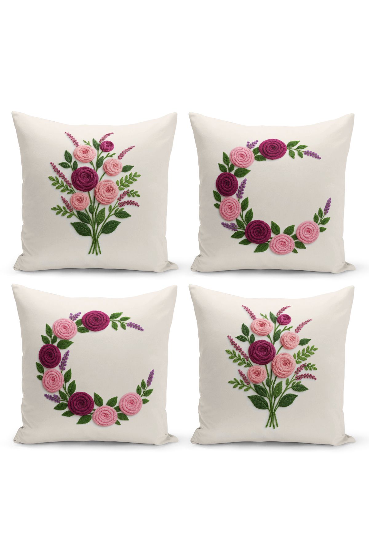 Bertille Home-Double Side Digital Printed Set of 4 Throw Pillow Covers (Punch/Punch Embroidery Pattern Look) 3