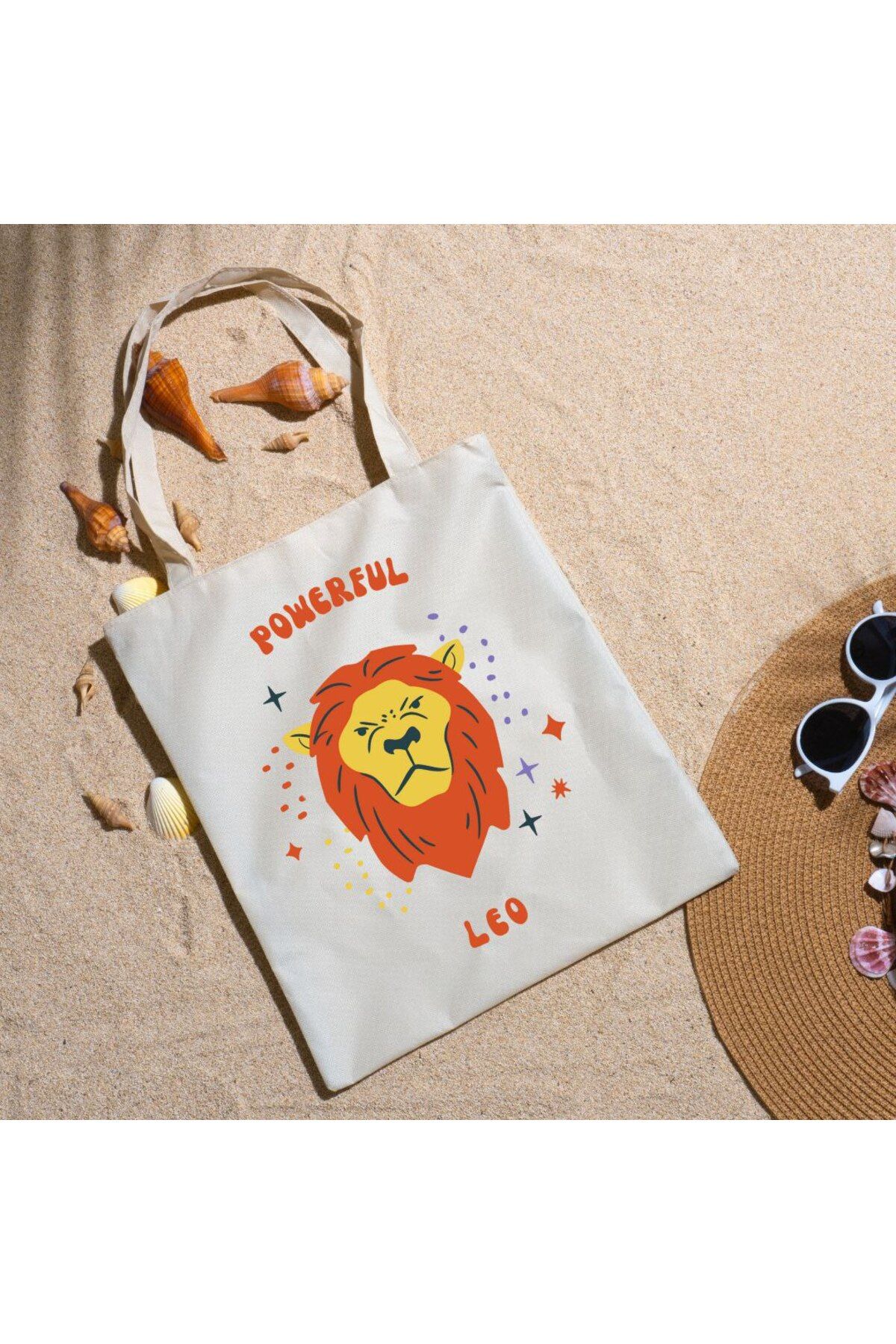 Alaa Butik Online Powerful Leo Yazılı Aslan Burcu Güçlü ve Cesur Astroloji Temalı Bez Çanta Tasarımı 35x40 cm