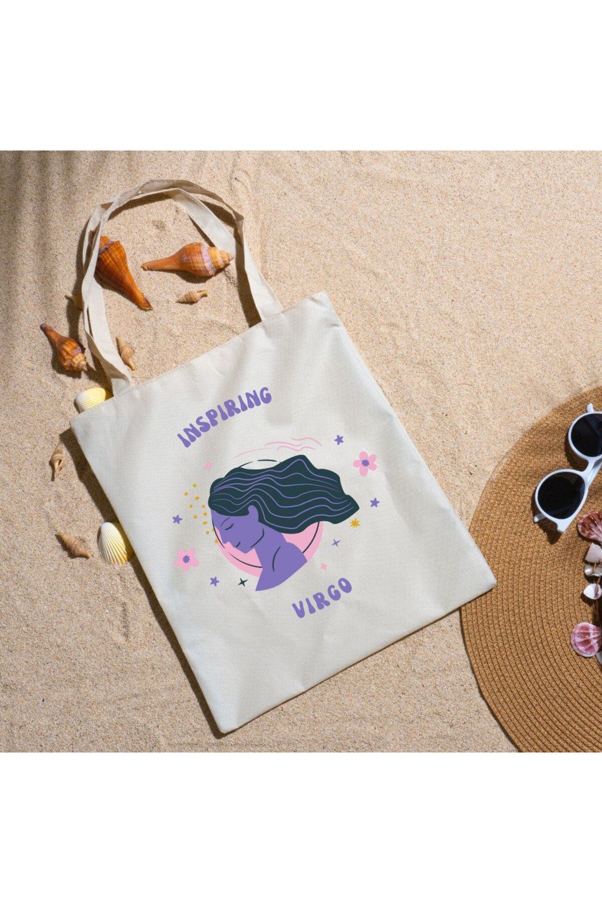 Alaa Butik Online Inspiring Virgo Yazılı Başak Burcu İlham Veren Kadın İllüstrasyonlu Bez Çanta 35x40 cm