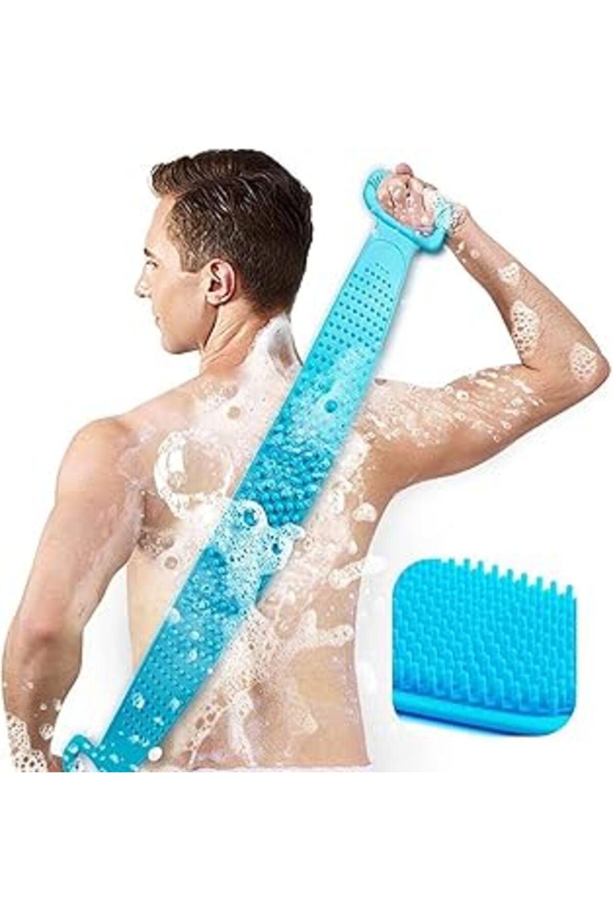 Qedii Çift Taraflı, Silikon Duş, Banyo Sırt Lifi, Sırt Temizlik Palası, Fırçası (Uzunluk 70 Cm) (Mavi)