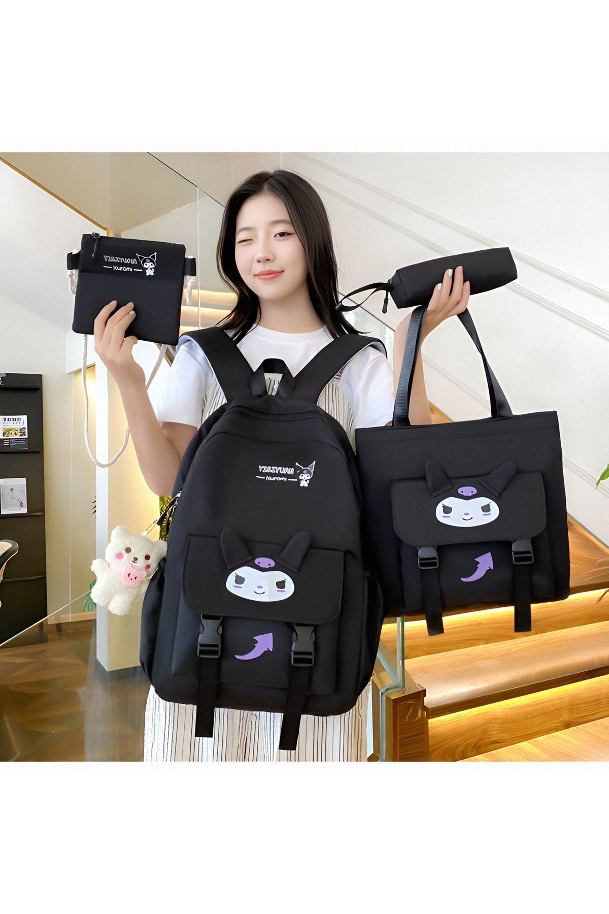 KumOziShop Sanrio Kuromi Cinnamoroll PomPomPurin My Melody Peluş Ayıcıklı Okul Takım Seti