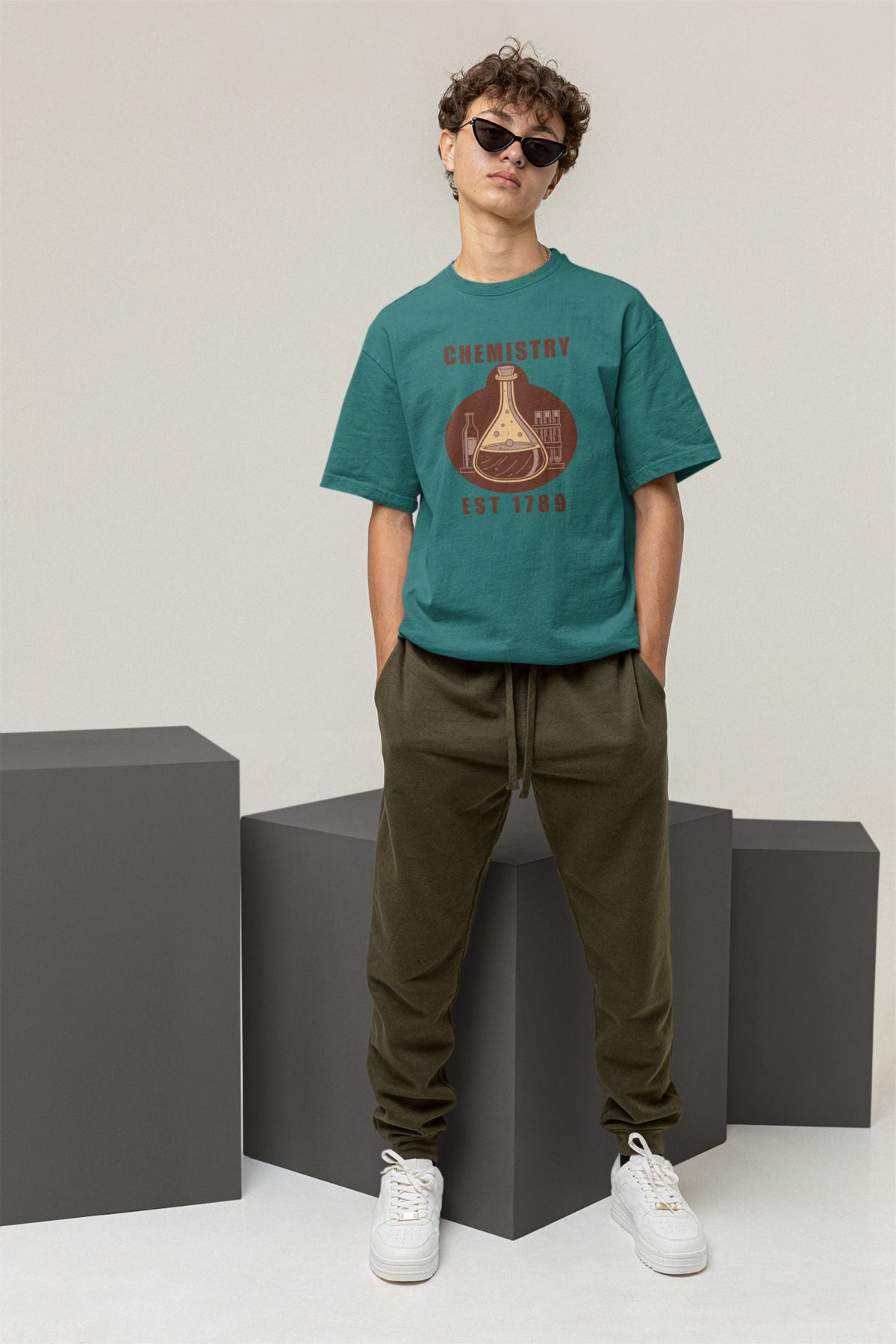 Uniquetex NUBENSE/KİMNE15- Oversize Unisex Kimya Baskılı Turkuaz Yeşil Bisiklet Yaka T-shirt (Bilim Tişört)