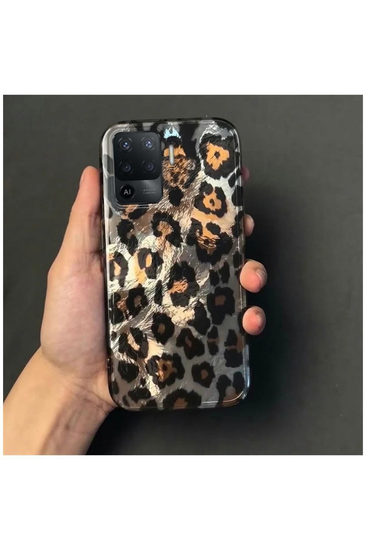 Pro Aksesuar Oppo A94 Uyumlu Kılıf Lüx Leopar Desenli Silikon Kılıf Siyah