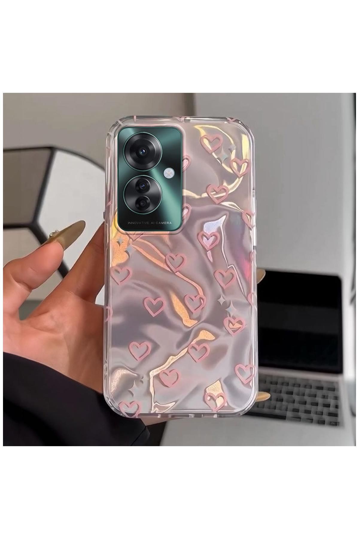 Zebana Oppo Reno11 F 5G Uyumlu Kılıf Zebana Pink Heart Silikon Kılıf Pembe