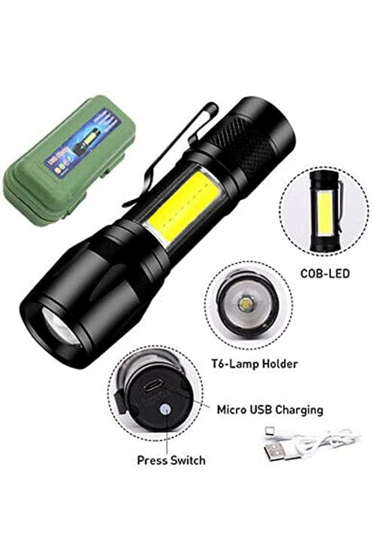 Other-LED Rechargeable Flashlight With COB Side Light-USB Chargeable Torch-(Black 9cm) 4
