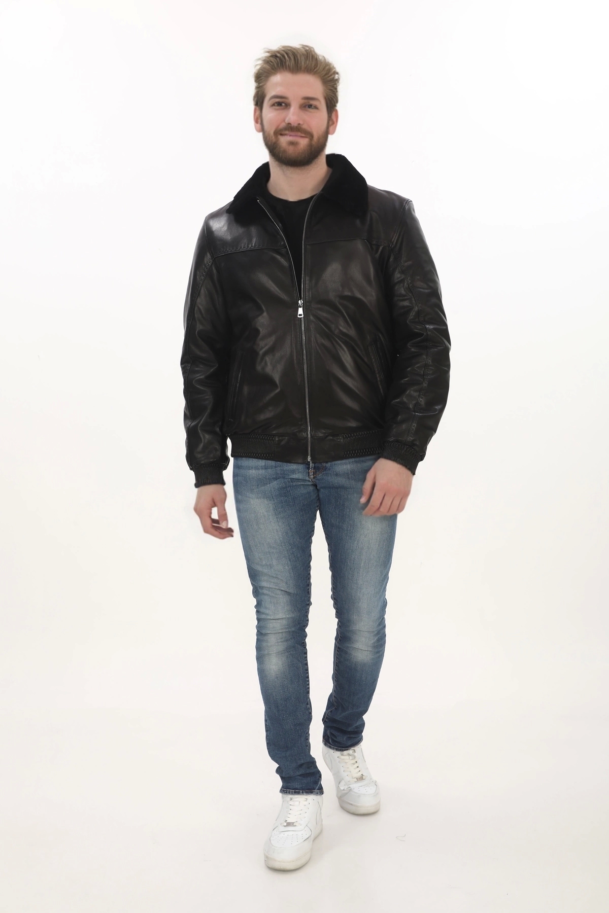 Erkek Kış Tarz Derimont Ceket Siyah Hakiki Kuzu Derisi Bomber Model Erkek Mont