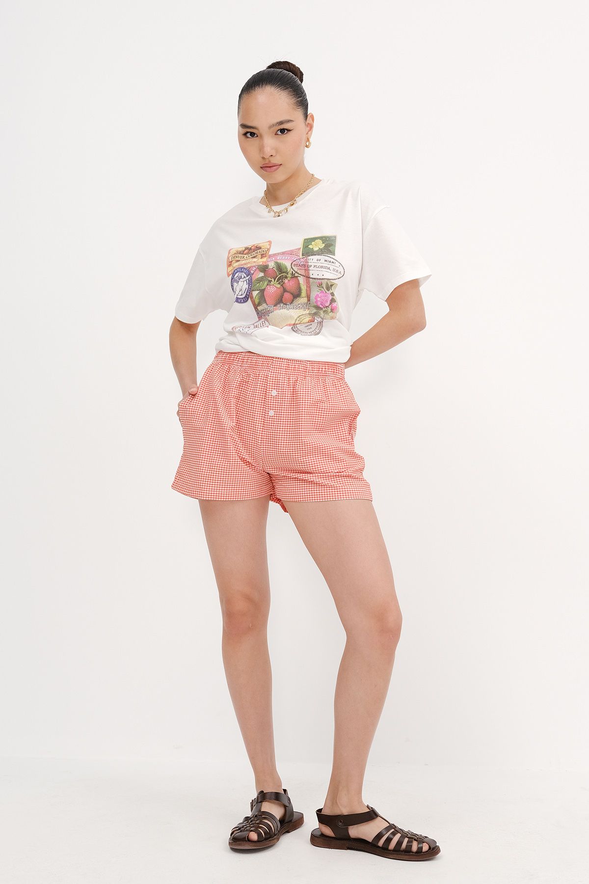 Addax-Gingham Patterned Shorts Ş17389 1