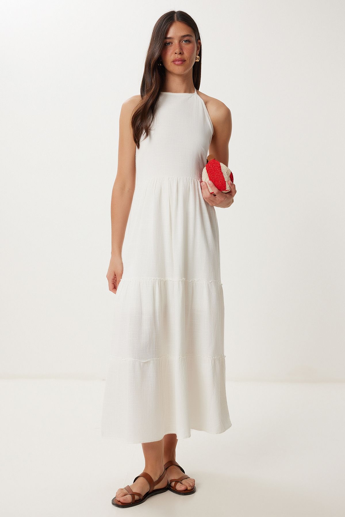 Lovelyİstanbul Halter Yaka Volanlı Yazlık Keten Elbise EKRU LGP0015