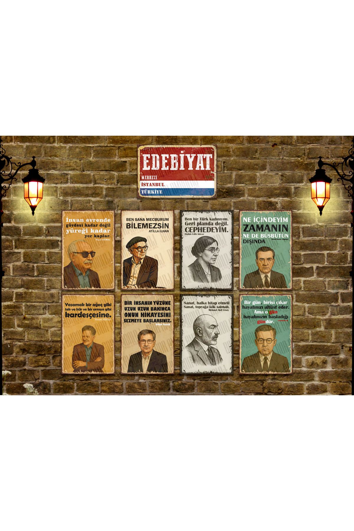 Borambalaj Edebiyat Merkezi Tabelası ve Edebiyatçılar 9'lu Seti MDF Tablo 20x30 cm