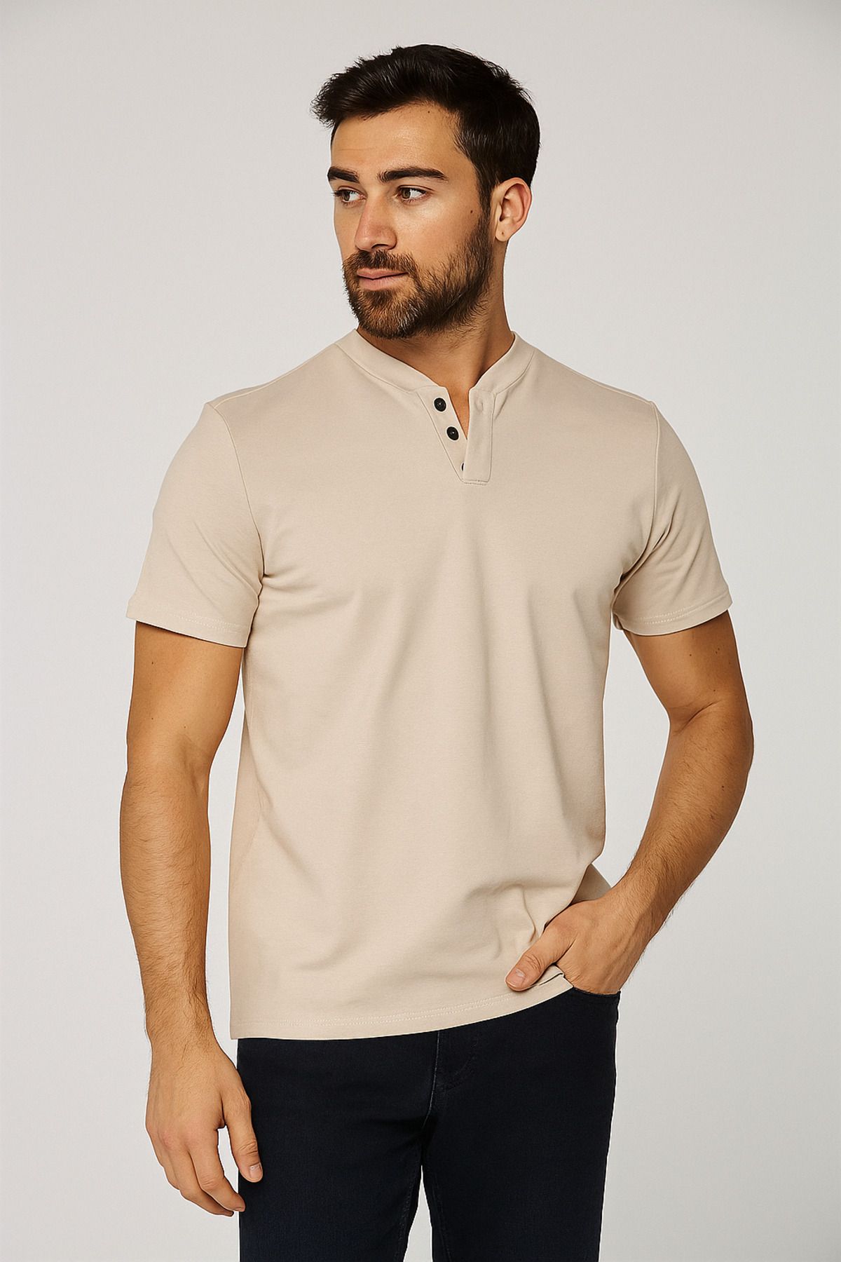 LACİVERTMEN 2124 Henley Tişört Kahverengi Düğme Detaylı Basic Casual T shirt