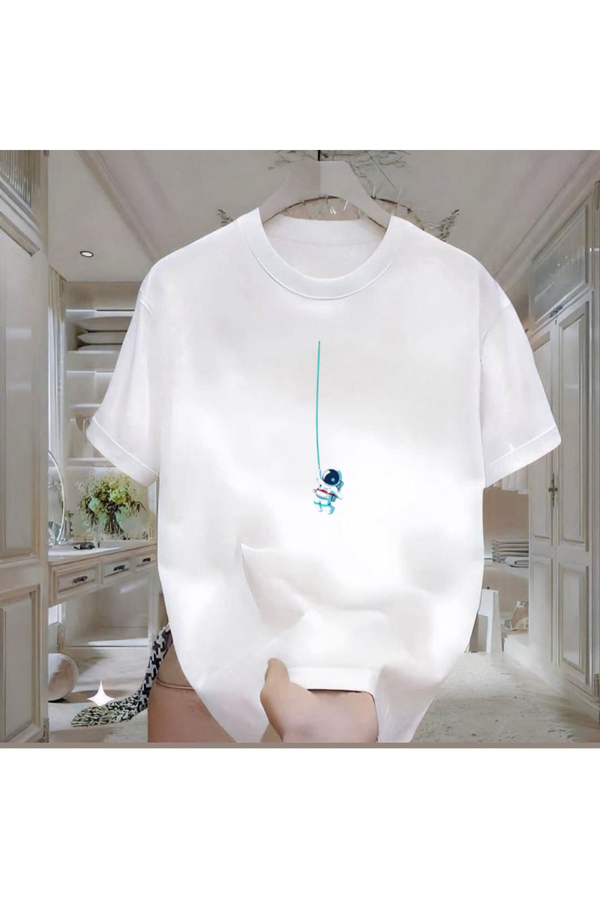 Rovell Astronot Baskılı Beyaz Regular Erkek Tshirt
