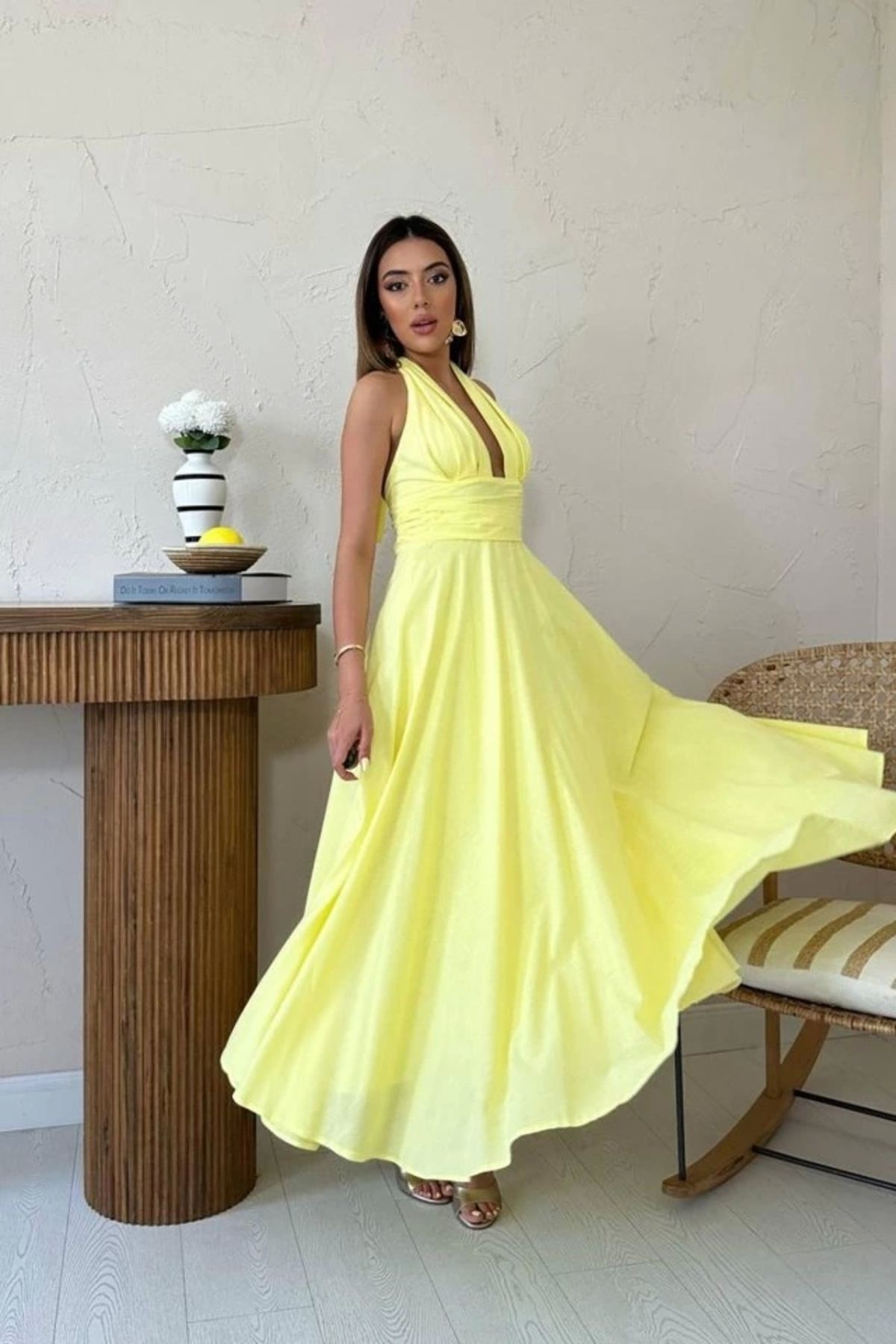 Butik Sarı Askılı Keten Elbise