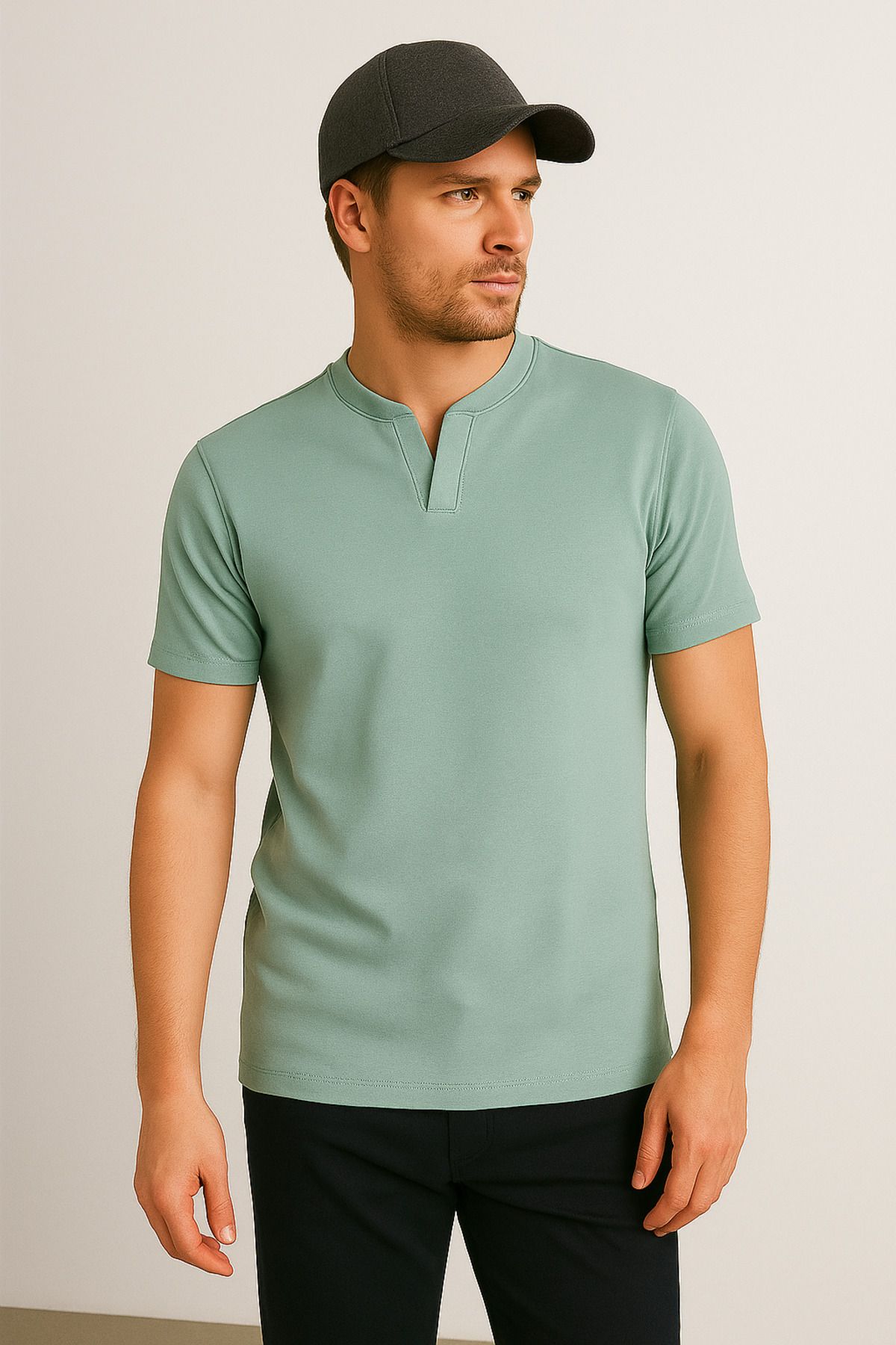 LACİVERTMEN 2124 Henley Tişört Kahverengi Düğme Detaylı Basic Casual T shirt
