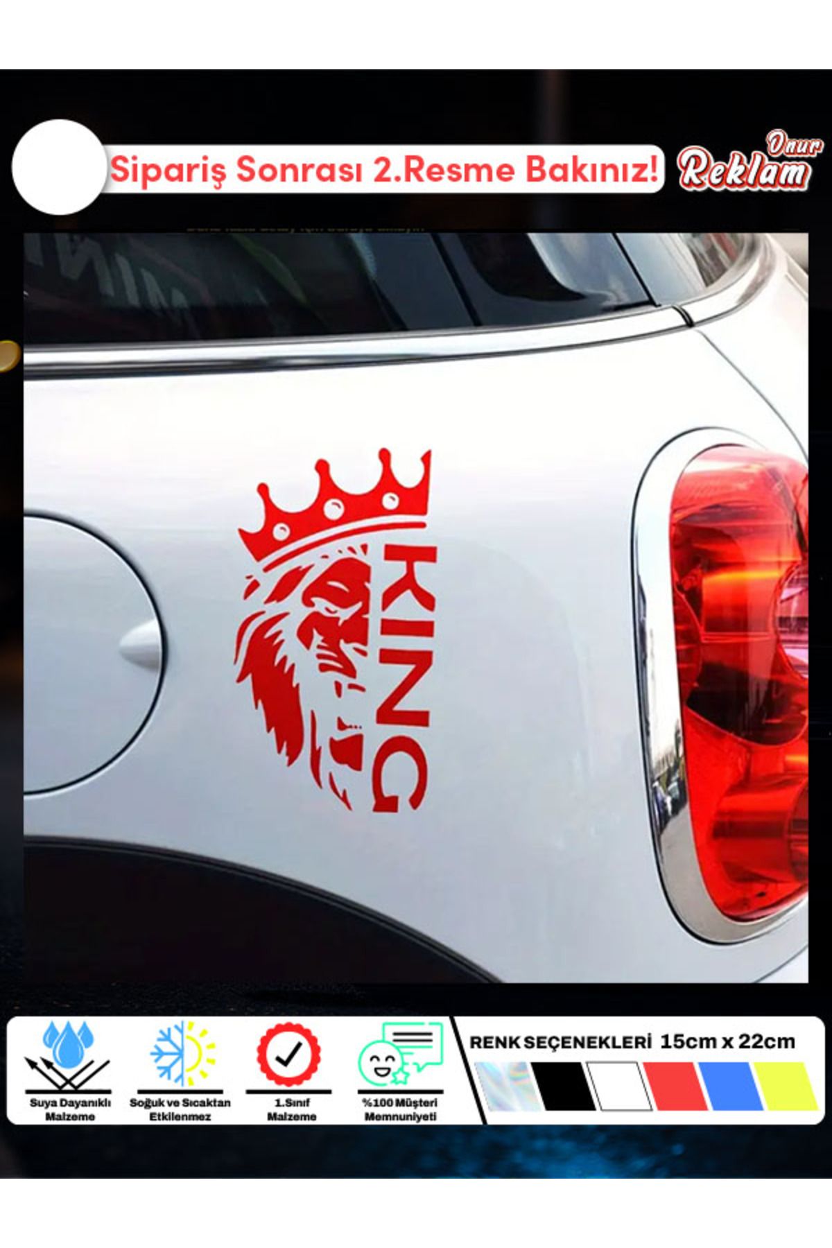 Onur Reklam KING Yazılı Taçlı Aslan Sticker Seti (2’li) – Suya Dayanıklı Araç ve Kask Çıkartması (15x22 cm)