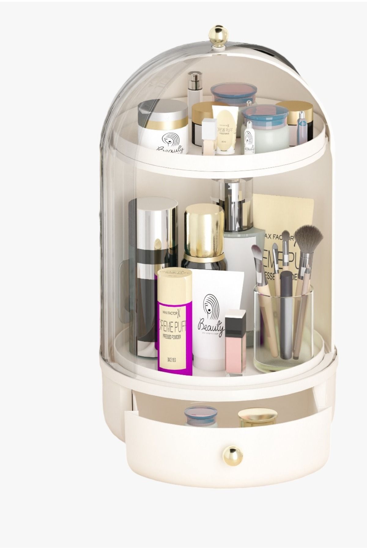 origa Glow Vitrin 360 Döner Standlı Çekmeceli Raflı Hazneli Makyaj Kozmetik Organizer
