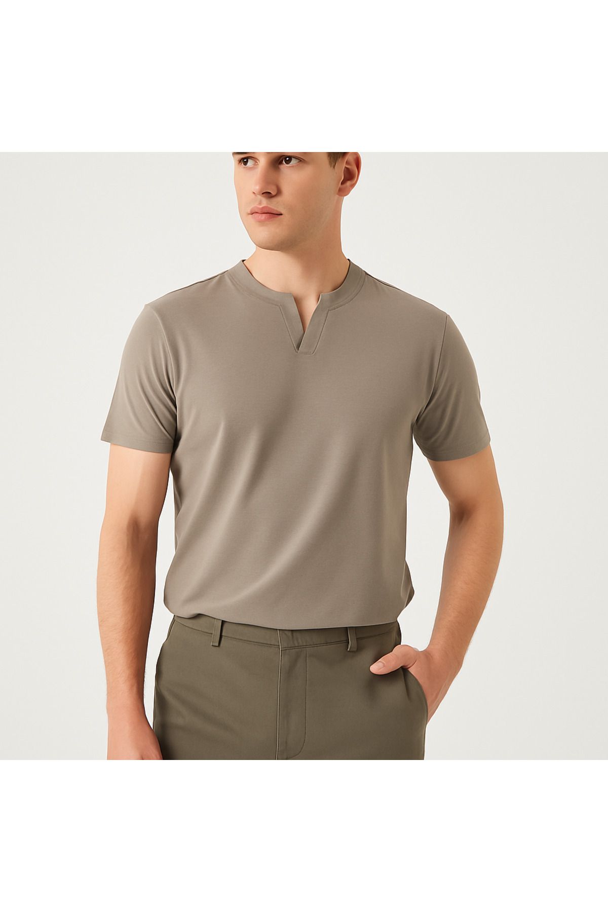 LACİVERTMEN 2124 Henley Tişört Kahverengi Düğme Detaylı Basic Casual T shirt