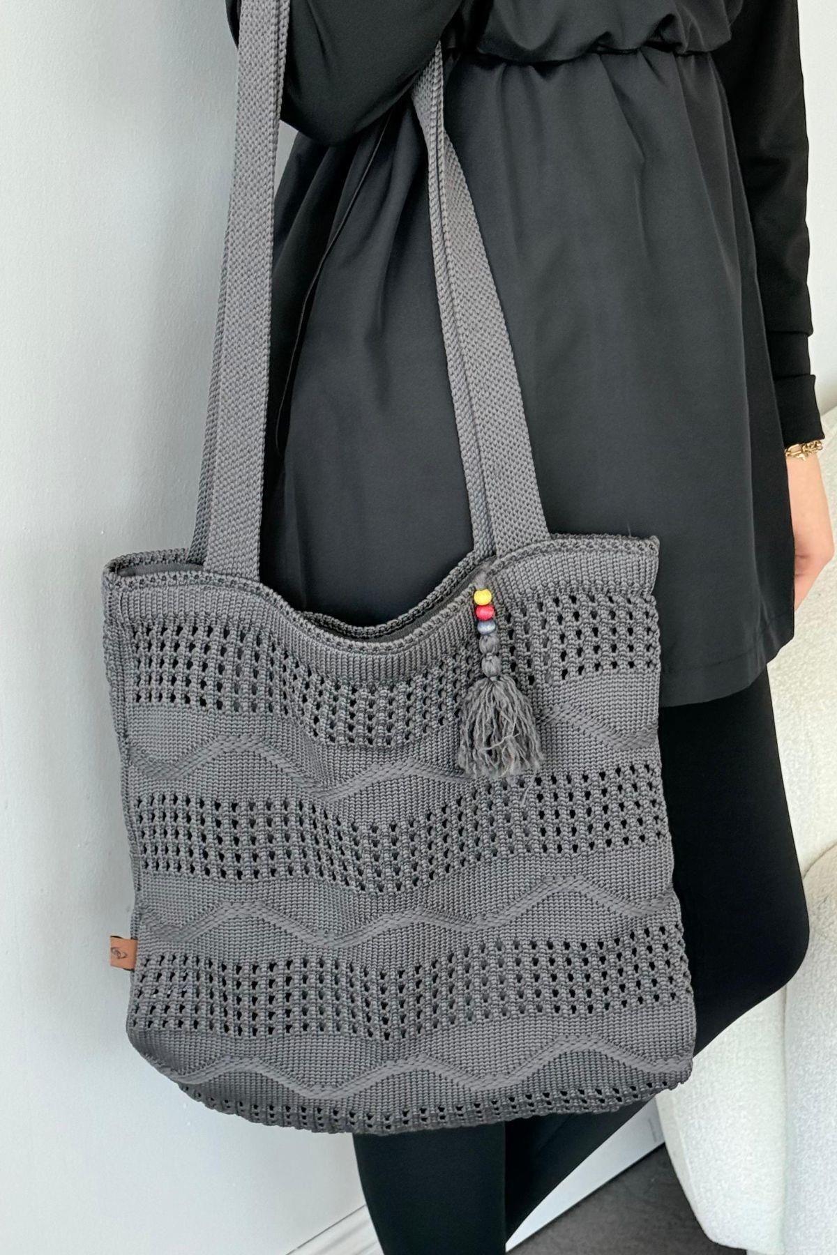 HAZA MODA Dalgalı Hasır Çanta Füme