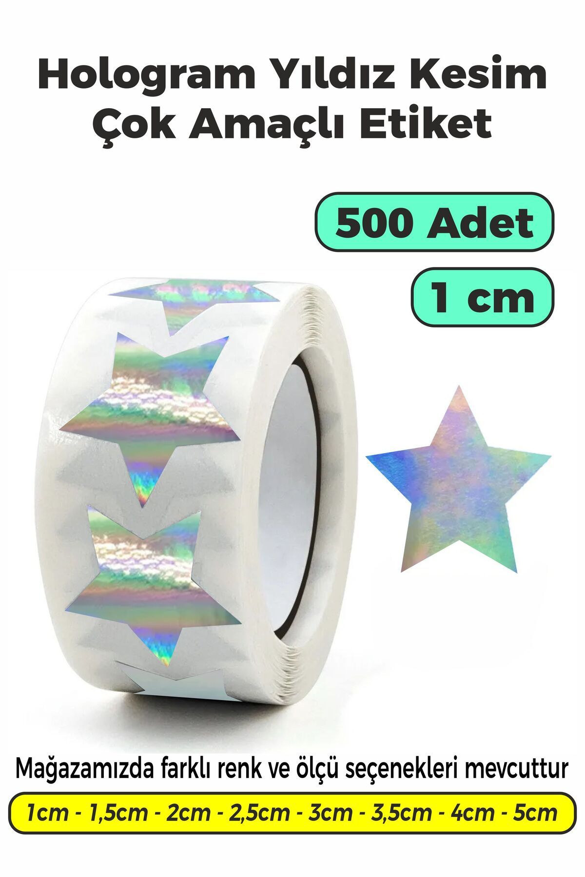 SB store Hologram Renk Yıldız Kesim Çok Amaçlı Etiket 1cm 500 Adet