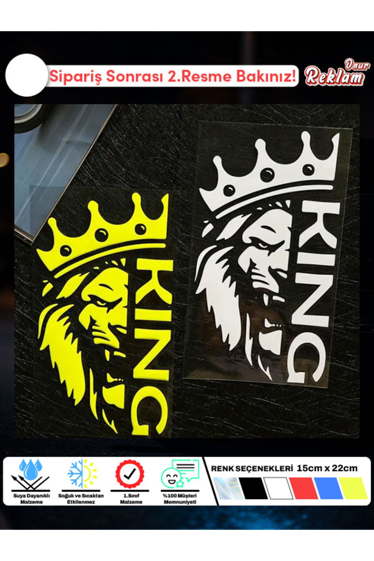 Onur Reklam KING Yazılı Taçlı Aslan Sticker Seti (2’li) – Suya Dayanıklı Araç ve Kask Çıkartması (15x22 cm)