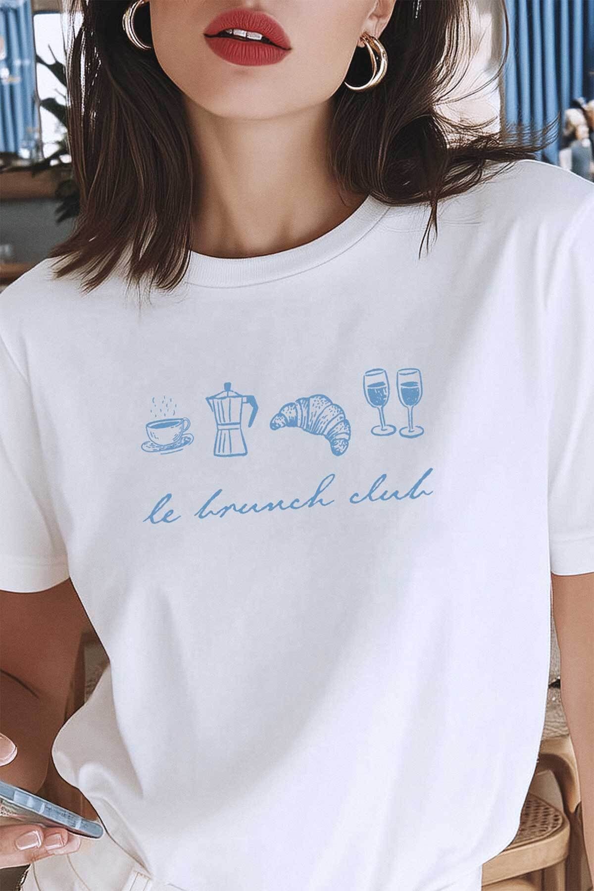 Kendim Seçtim Le Brunch Club Beyaz Unisex Tişört Croissant Kahve Wine Minimal Tasarım Kısa Kollu T-shirt