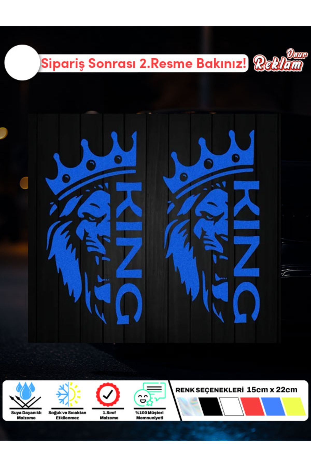 Onur Reklam KING Yazılı Taçlı Aslan Sticker Seti (2’li) – Suya Dayanıklı Araç ve Kask Çıkartması (15x22 cm)