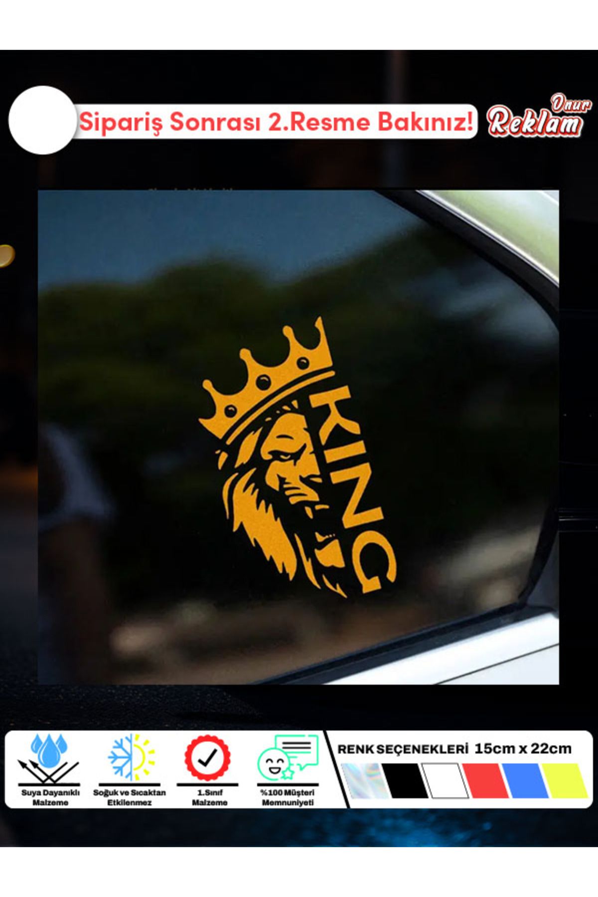 Onur Reklam KING Yazılı Taçlı Aslan Sticker Seti (2’li) – Suya Dayanıklı Araç ve Kask Çıkartması (15x22 cm)