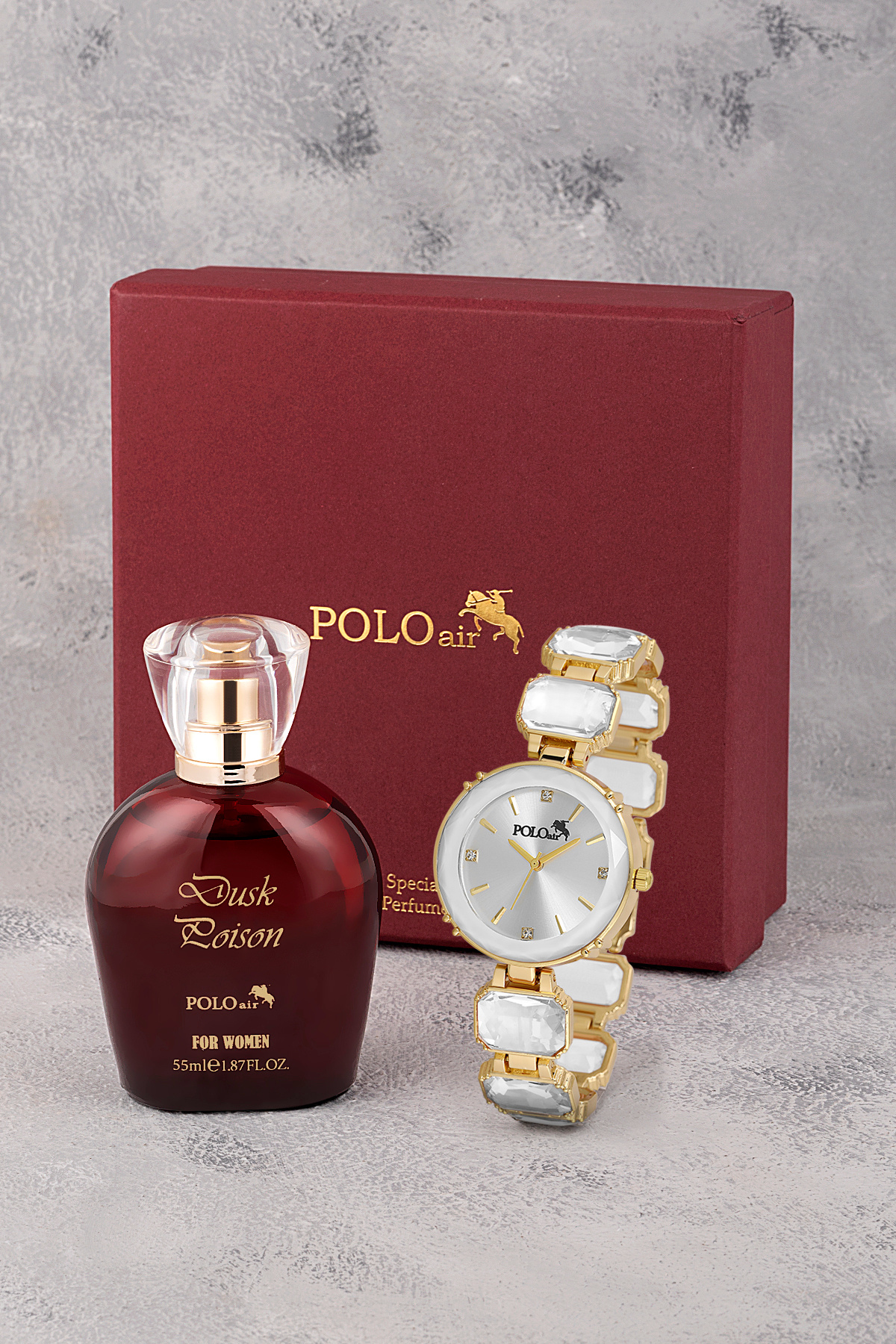 Polo Air Lüx Taşlı Kadın Kol Saati Parfüm Bordo Hediyelik Kutsunda Set Gold Beyaz Renk ST-2173S1