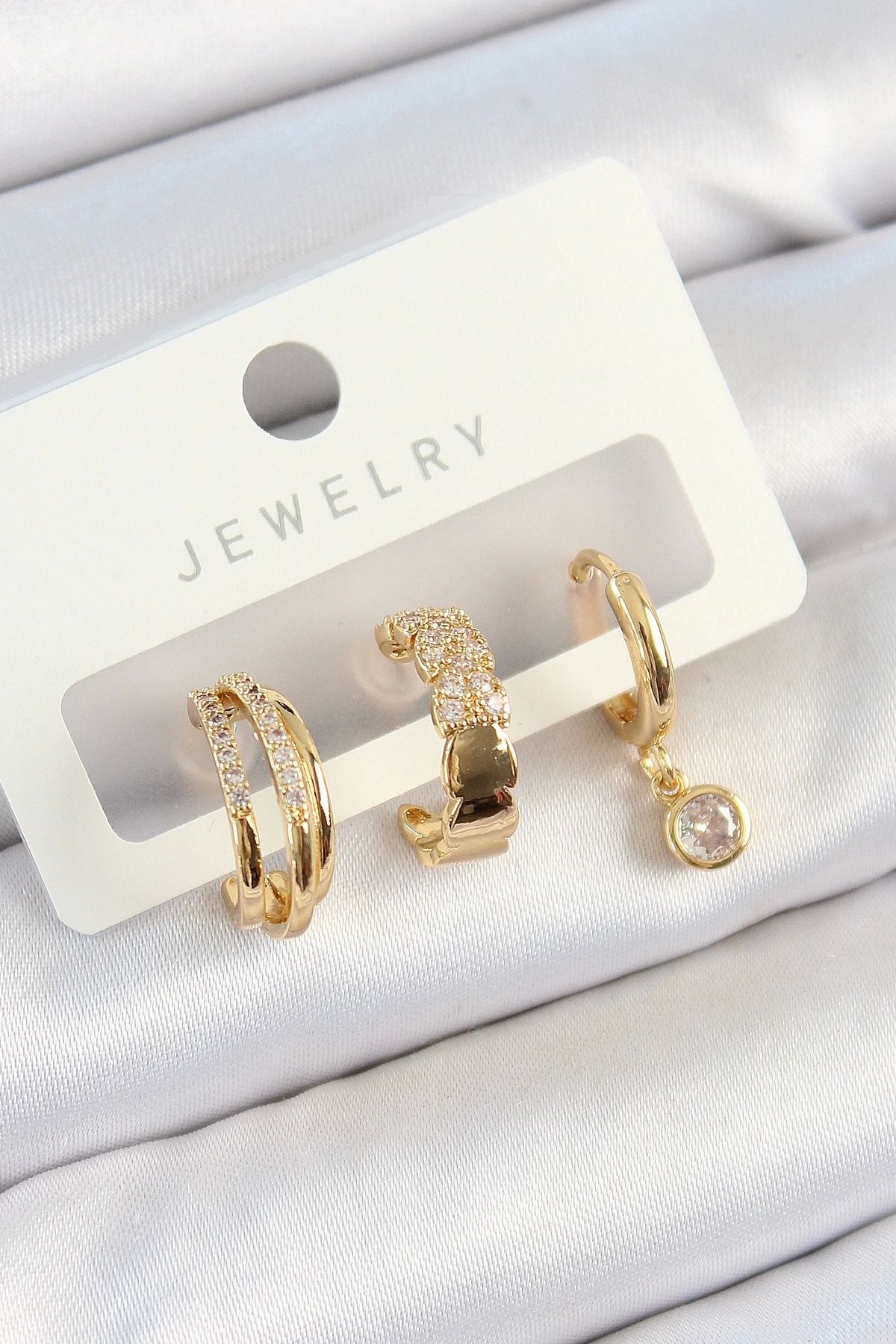 Clariss Pirinç Zirkon Taşlı Halka Model Gold Renk 3'lü Çift Kadın Küpe Set