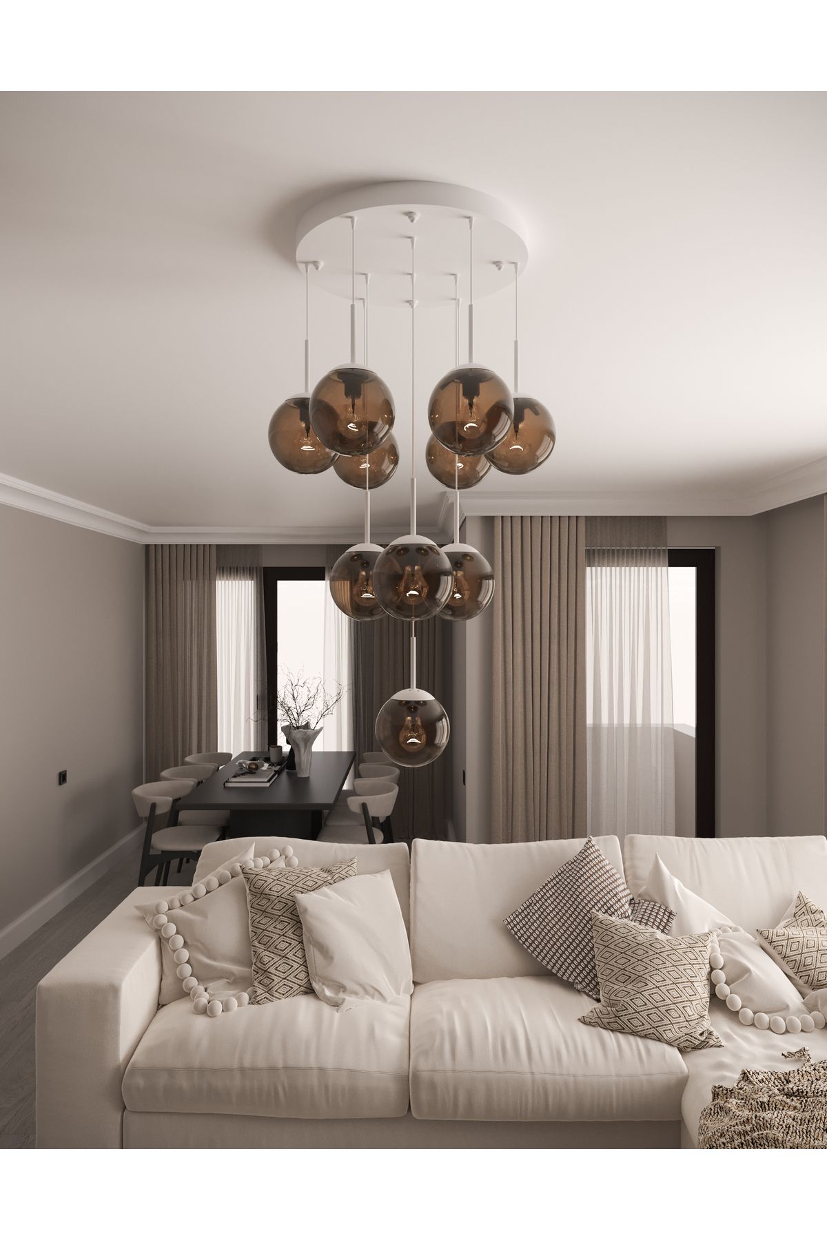 avizade ECLIPSE Modern 10'lu Sarkıt Metal Avize - Renkli Cam Küre, E27 Duy, Dekoratif Aydınlatma