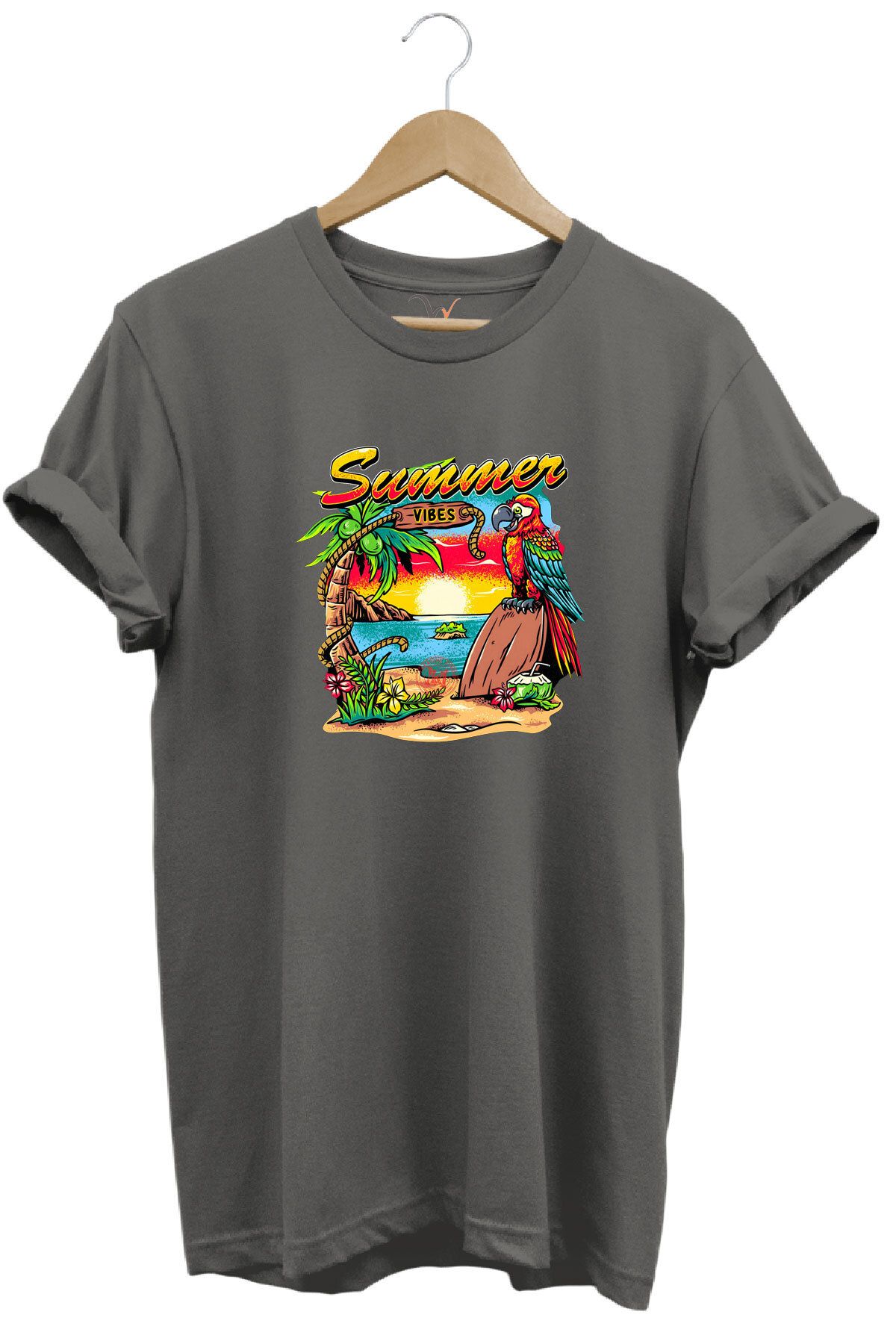 WİDİ Renkli Summer Vibes Tasarım Baskılı ve Papağan %100 Pamuk Regular Fit Premium T-shirt