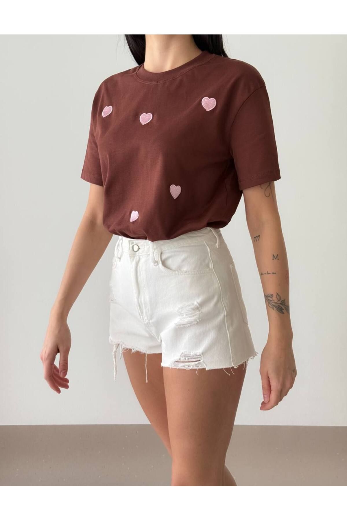 OYERGA MODA Kadın Kalp Baskılı T-shirt