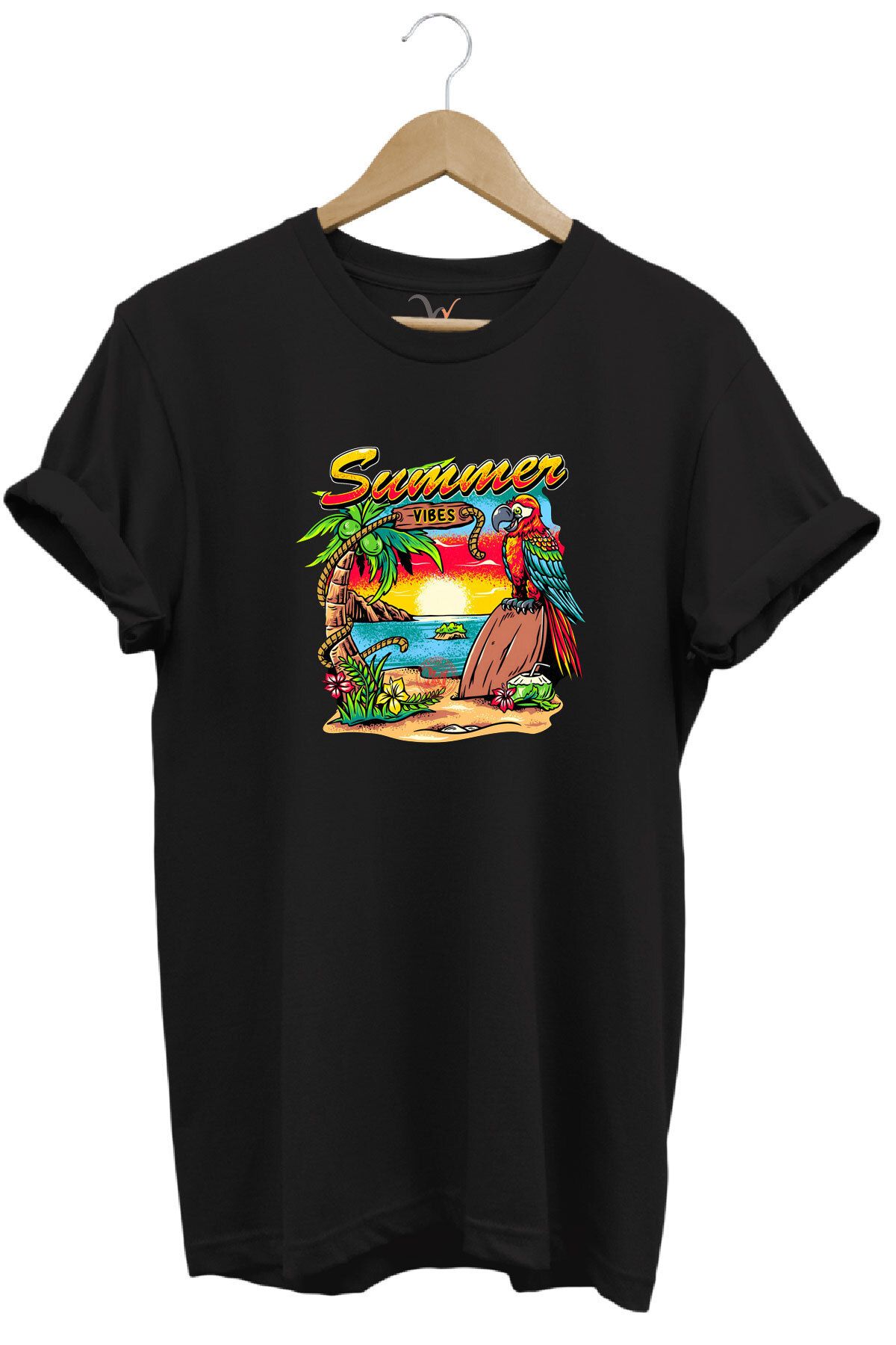 WİDİ Renkli Summer Vibes Tasarım Baskılı ve Papağan %100 Pamuk Regular Fit Premium T-shirt