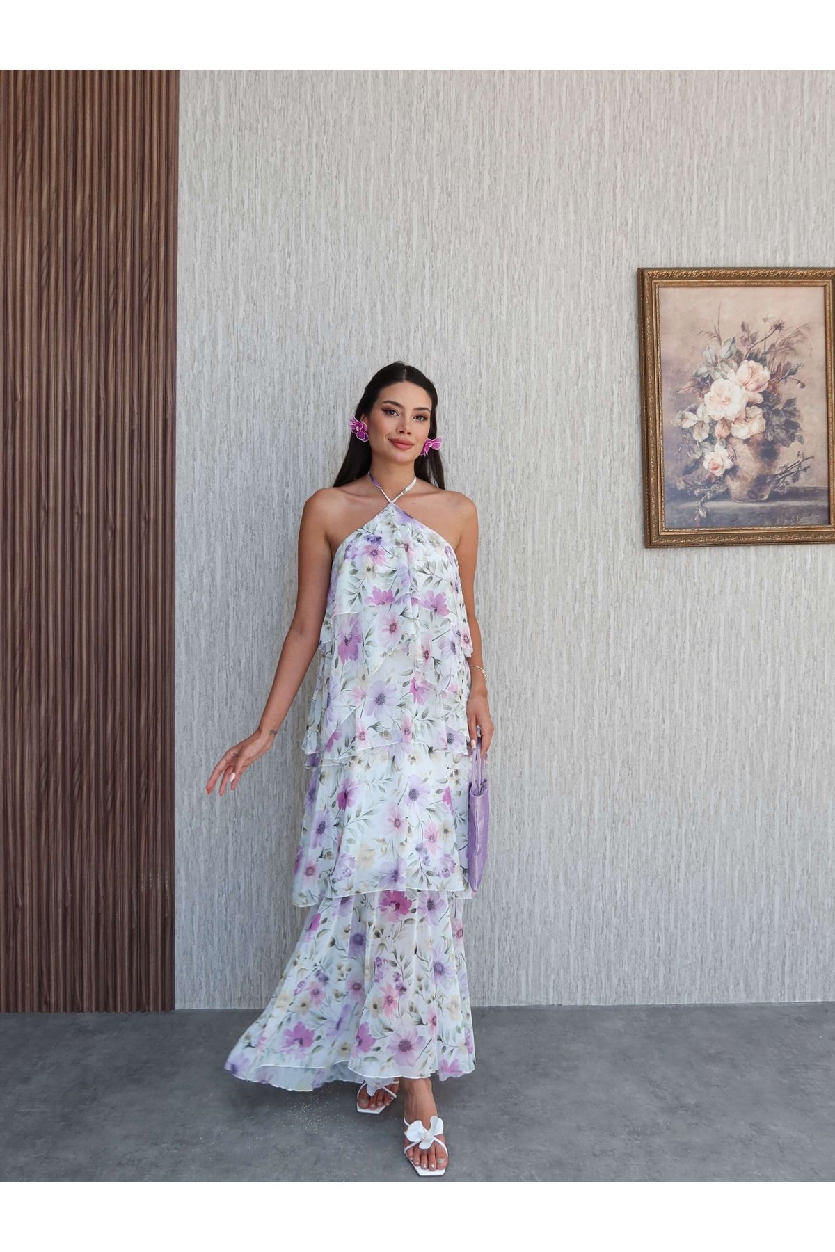 ESRAHELVACI Kat Kat Çiçek Desenli Maxi Elbise