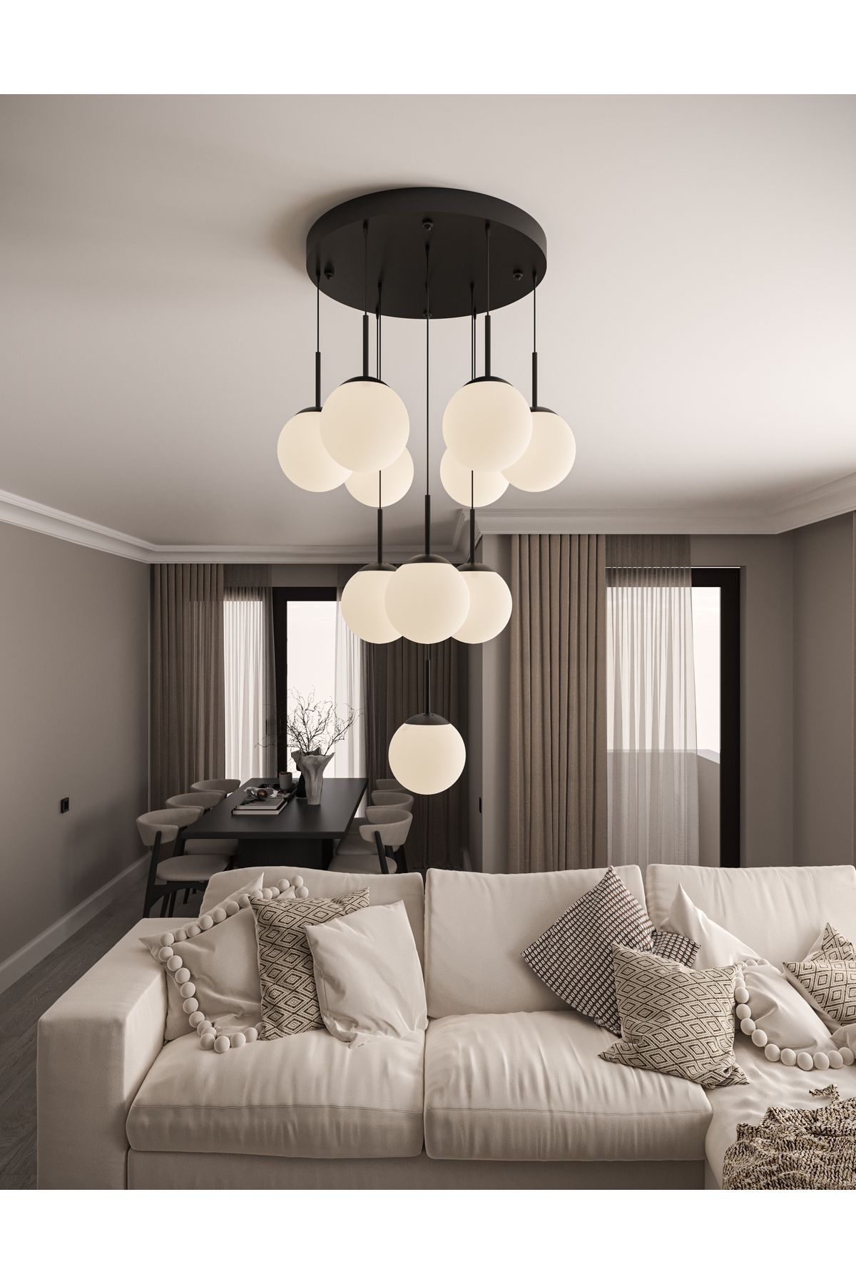 avizade ECLIPSE Modern 10'lu Sarkıt Metal Avize - Renkli Cam Küre, E27 Duy, Dekoratif Aydınlatma