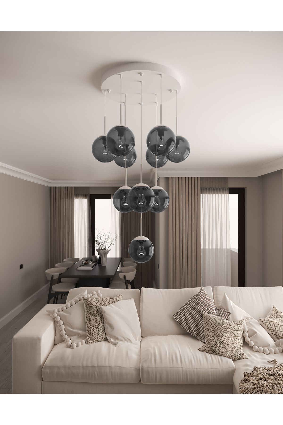 avizade ECLIPSE Modern 10'lu Sarkıt Metal Avize - Renkli Cam Küre, E27 Duy, Dekoratif Aydınlatma