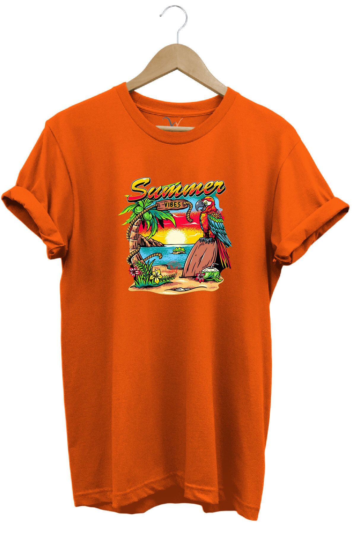 WİDİ Renkli Summer Vibes Tasarım Baskılı ve Papağan %100 Pamuk Regular Fit Premium T-shirt