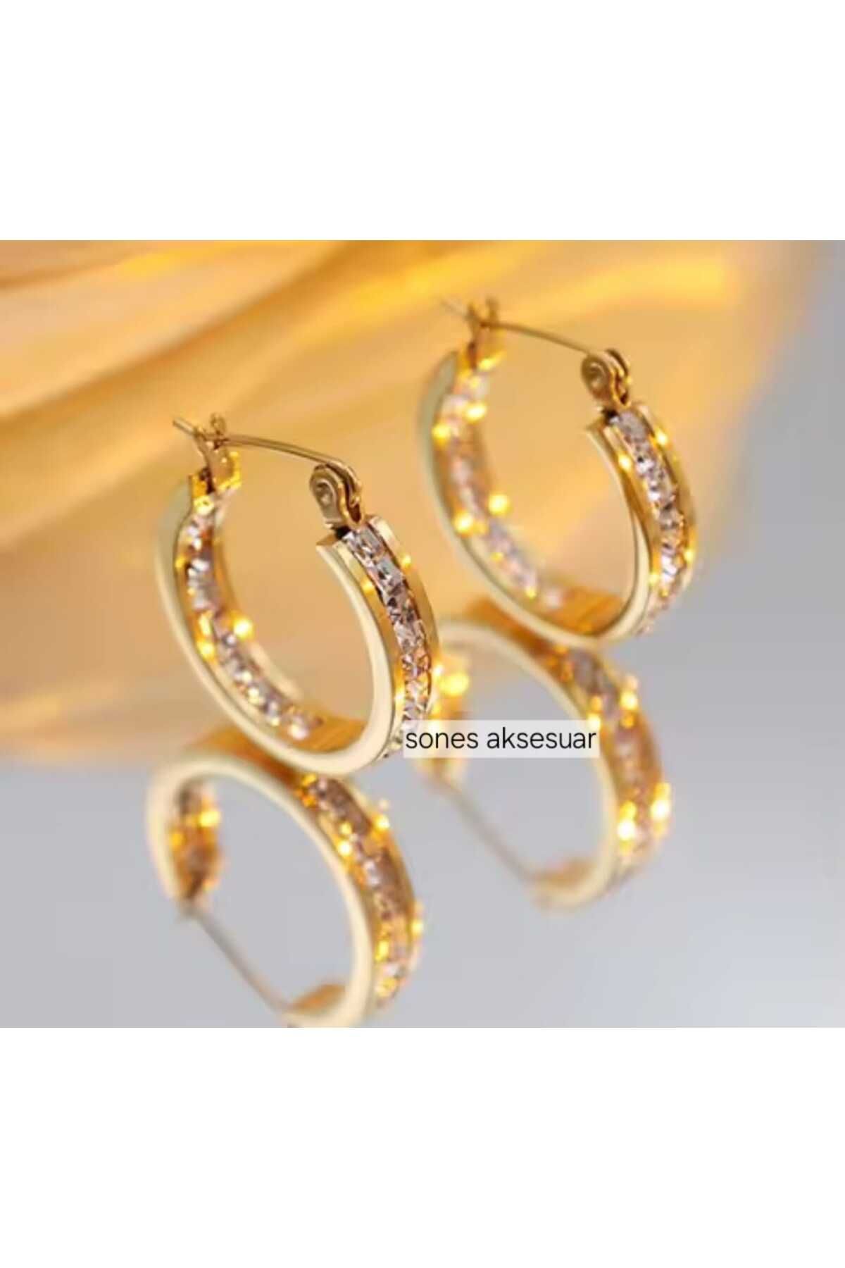 SONES taşlı halka gold çelik kararmaz küpe