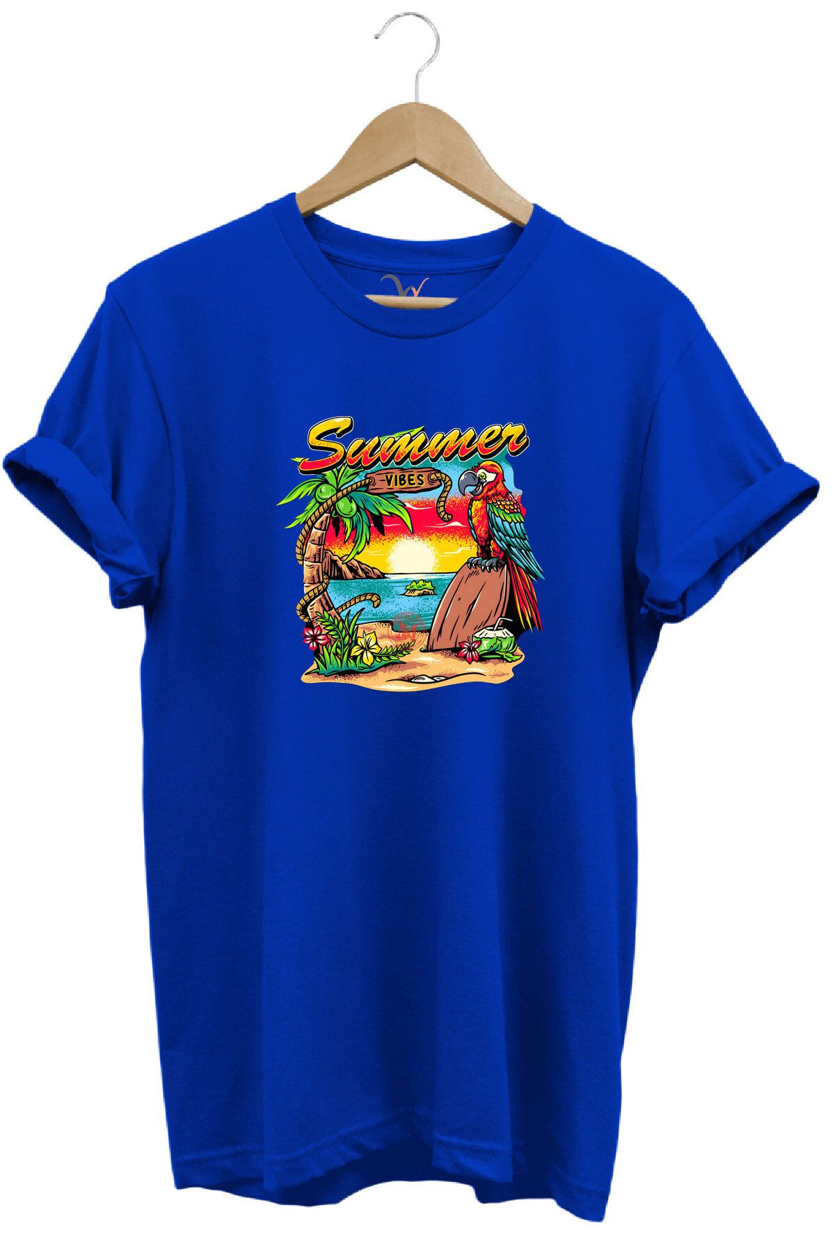 WİDİ Renkli Summer Vibes Tasarım Baskılı ve Papağan %100 Pamuk Regular Fit Premium T-shirt