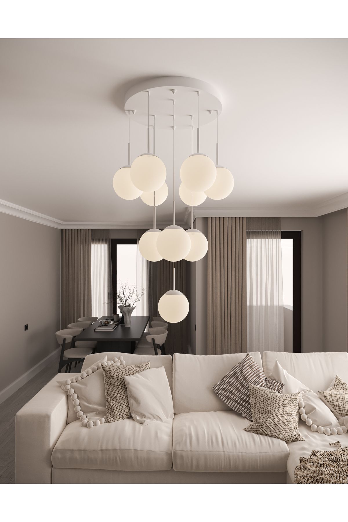 avizade ECLIPSE Modern 10'lu Sarkıt Metal Avize - Renkli Cam Küre, E27 Duy, Dekoratif Aydınlatma