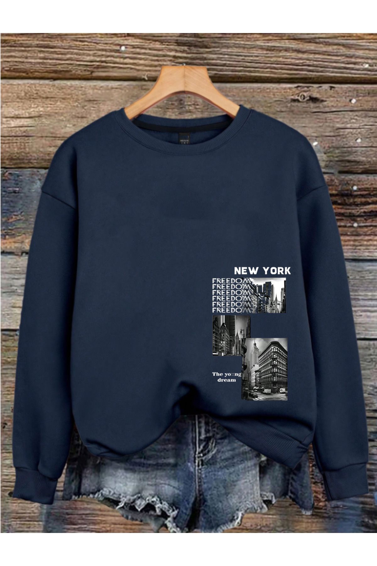 MAGORS NEW YORK BASKILI 3 İPLİK BİSİKLET YAKA UZUN KOLLU KADIN SWEATSHIRT