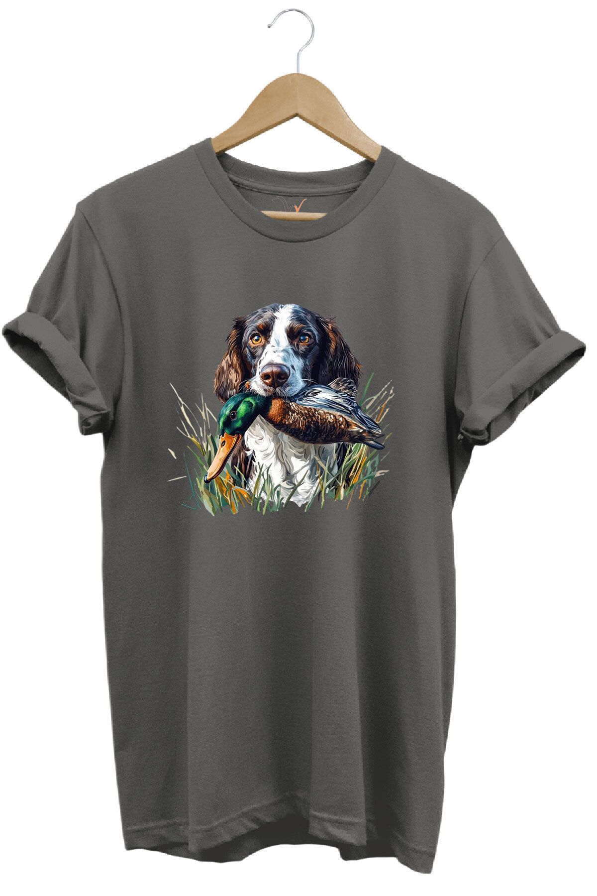 WİDİ Avcılık Av Köpeği ve Ördek Baskılı %100 Pamuk Regular Fit Bisiklet Yaka Premium T-Shirt