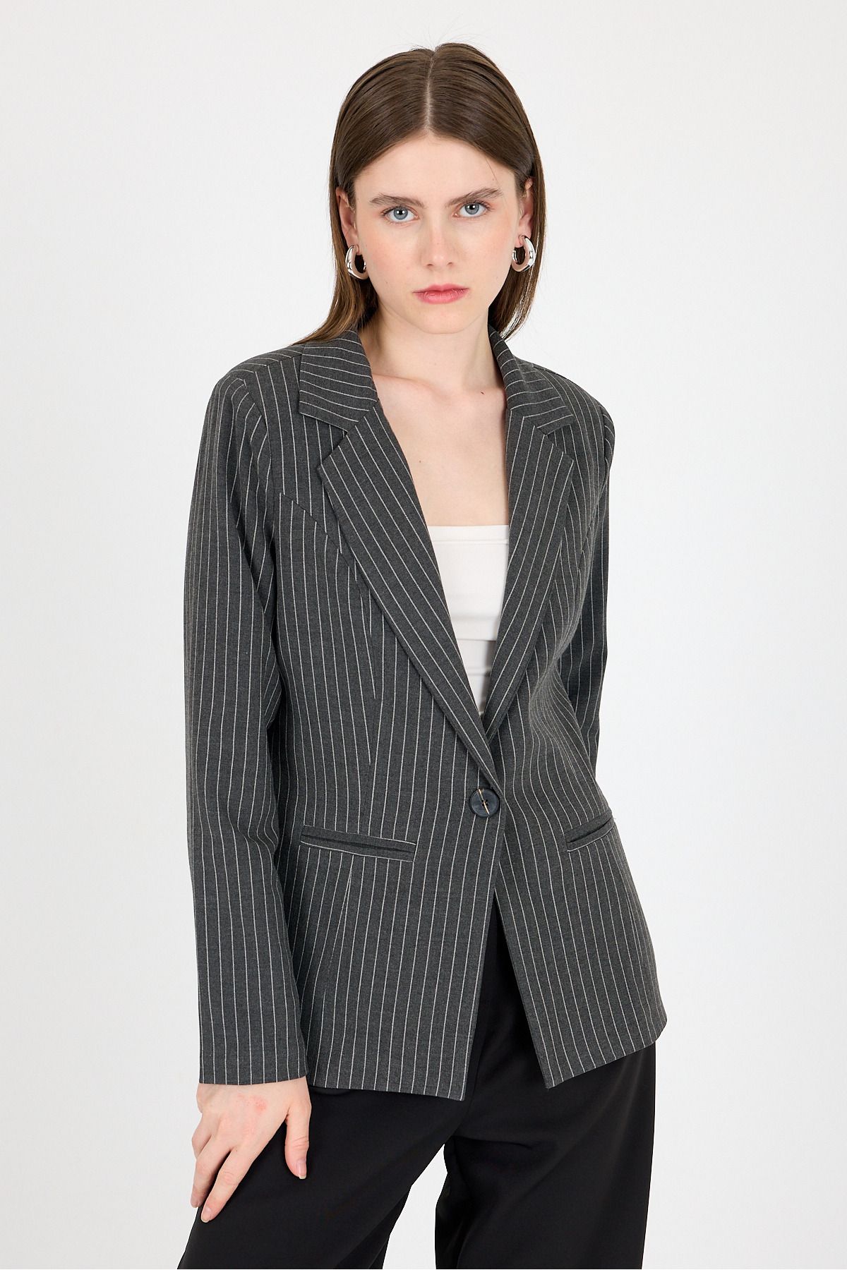 Rays Antrasit Çizgili Tek Düğmeli Blazer Ceket 4594A