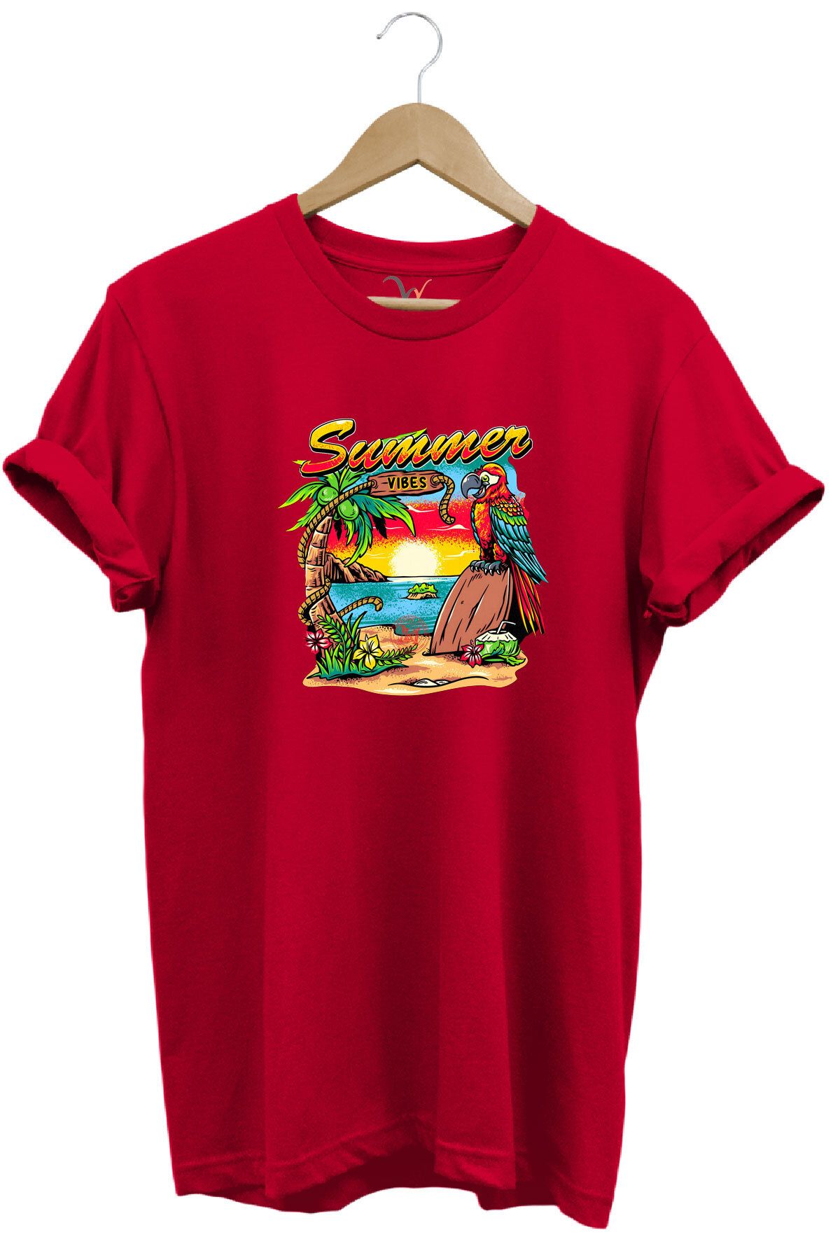 WİDİ Renkli Summer Vibes Tasarım Baskılı ve Papağan %100 Pamuk Regular Fit Premium T-shirt
