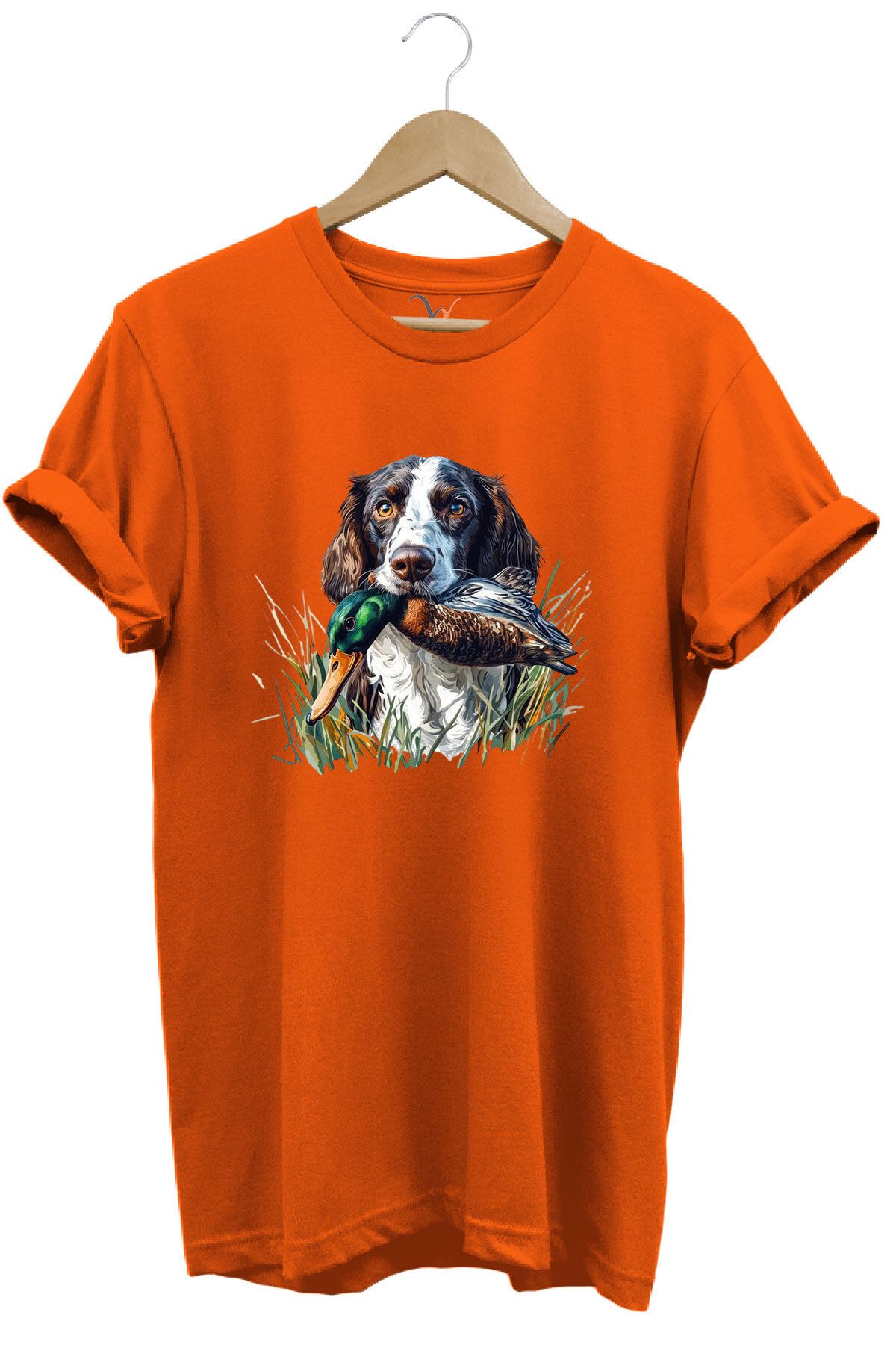 WİDİ Avcılık Av Köpeği ve Ördek Baskılı %100 Pamuk Regular Fit Bisiklet Yaka Premium T-Shirt