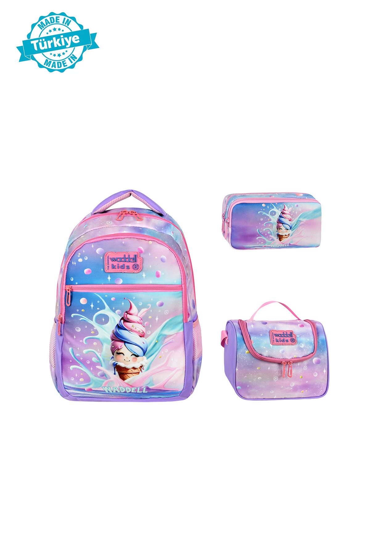 Royal Glow Tatlı Şirin Şeker Dondurma Desenli Anahtarlık Hediyeli İlkokul Çantası Termal Beslenme Kalemlik Set