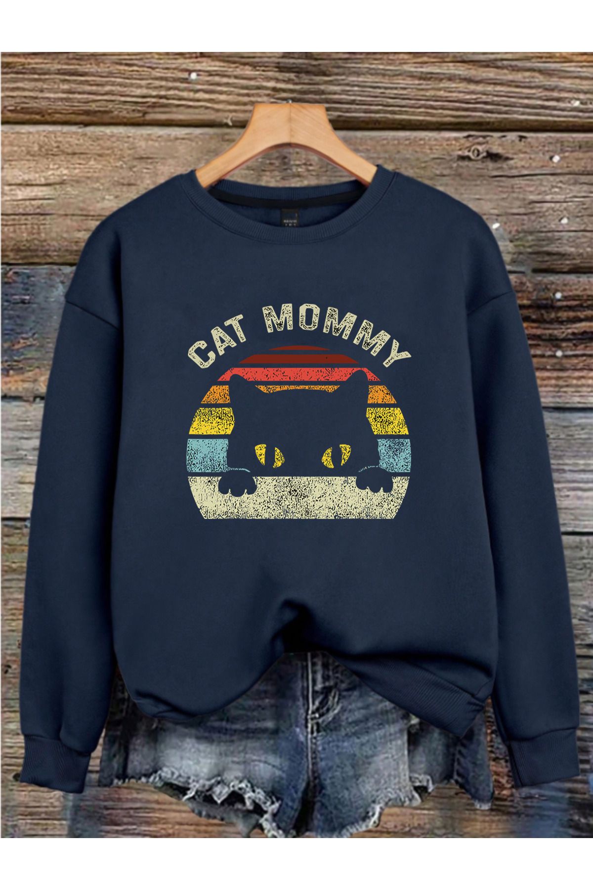 MAGORS CAT MOMMY BASKILI 3 İPLİK BİSİKLET YAKA UZUN KOLLU KADIN SWEATSHIRT